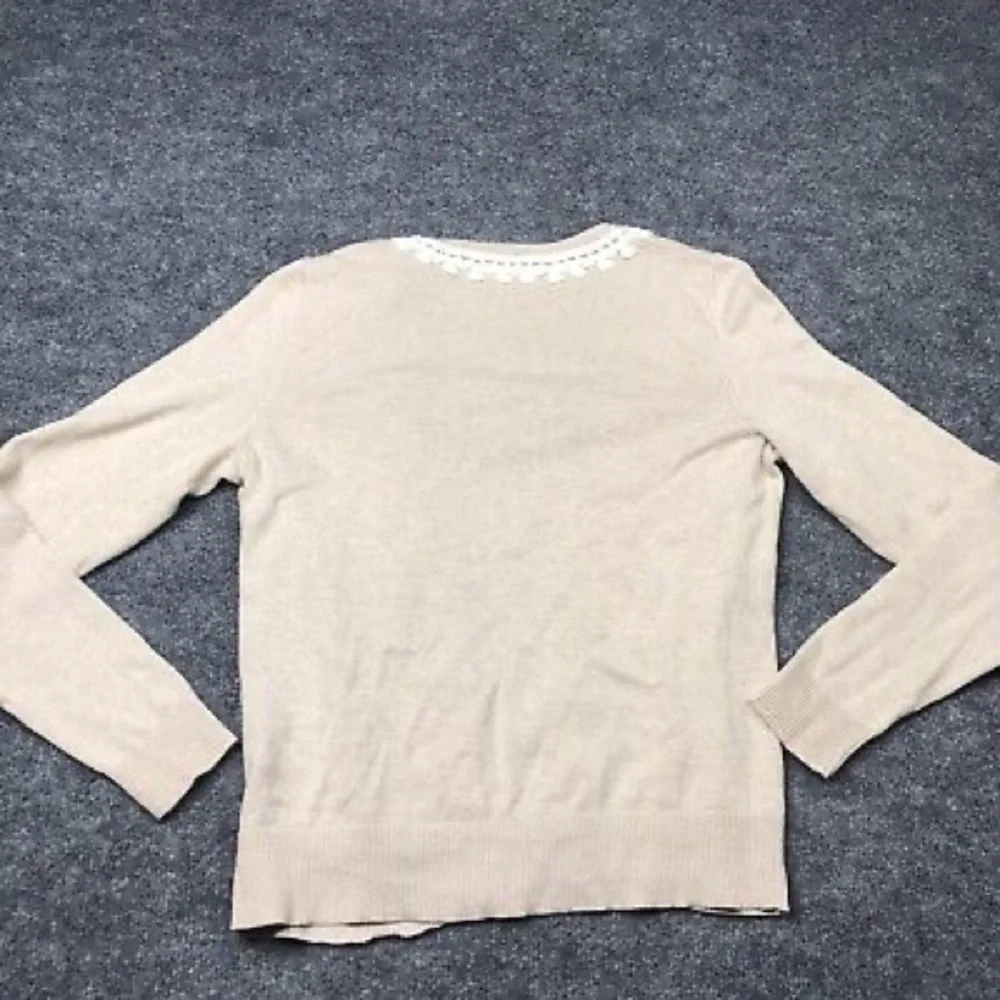Banana Republic Tan Beige Cotton Knit Open Front Cardigan Lace Crochet Trim XS - Picture 6 of 14